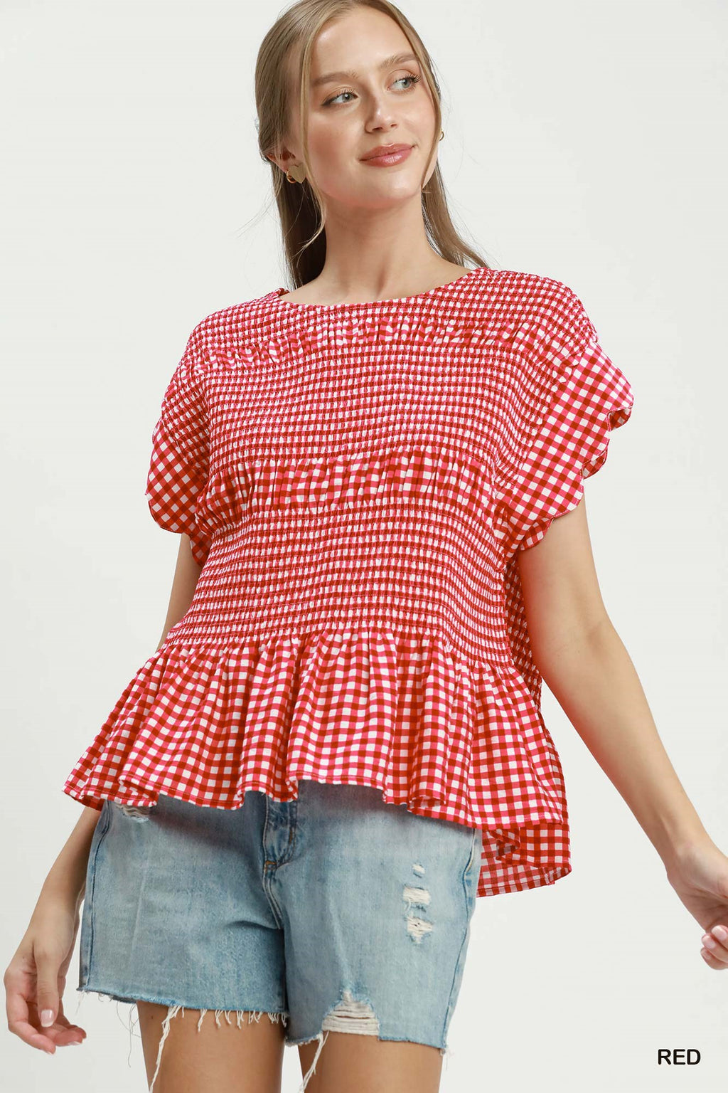 Gingham Smocked Ruffle Hem Short Sleeve Top: Red