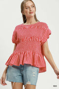 Gingham Smocked Ruffle Hem Short Sleeve Top: Red