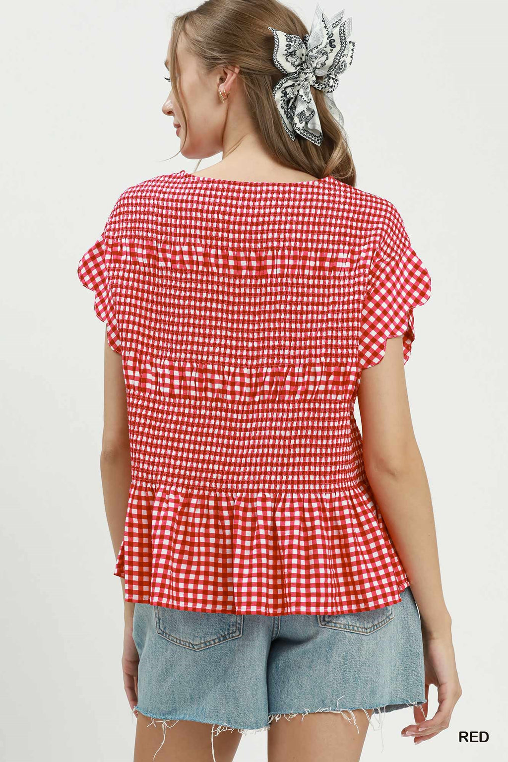 Gingham Smocked Ruffle Hem Short Sleeve Top: Red