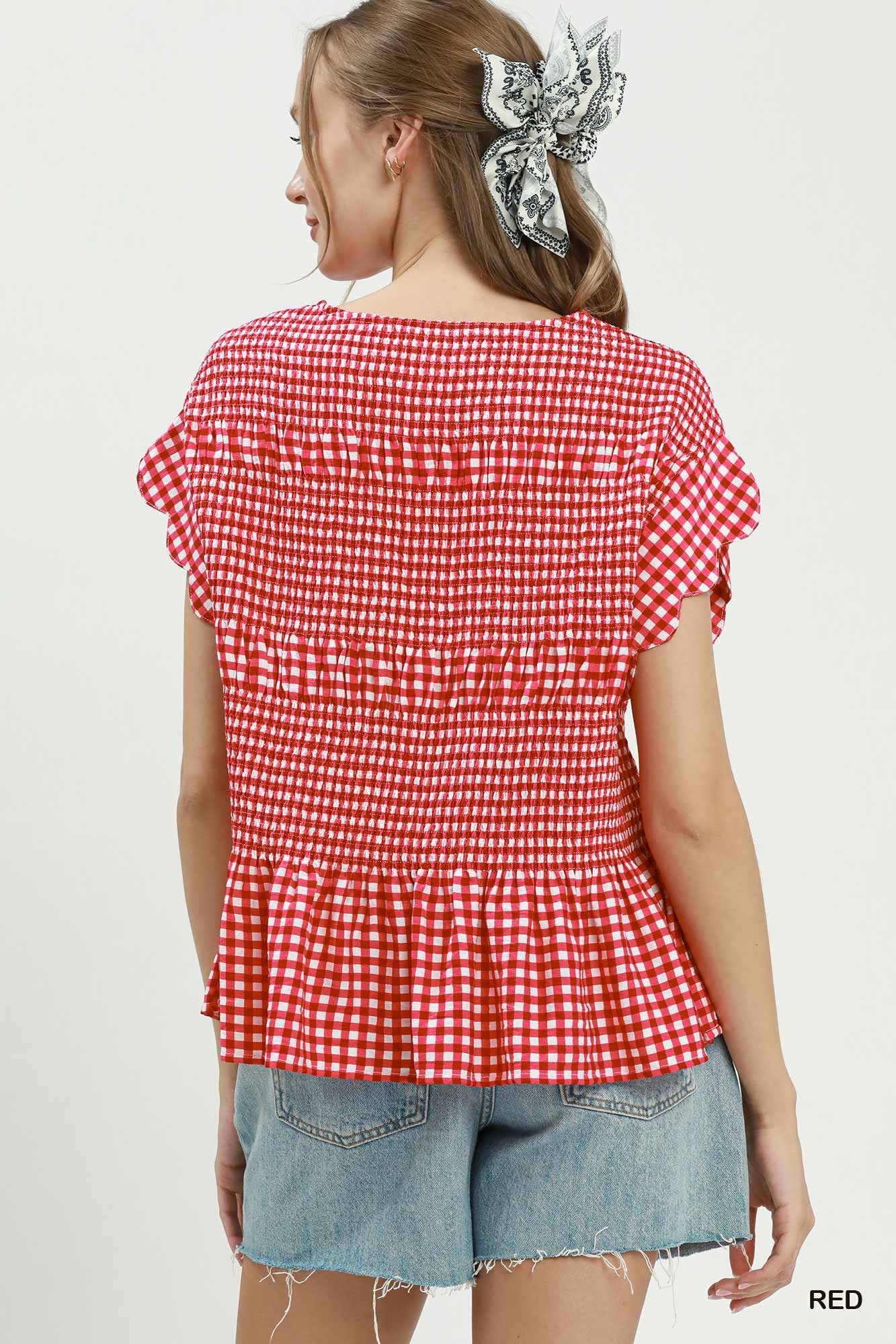 Gingham Smocked Ruffle Hem Short Sleeve Top: Red