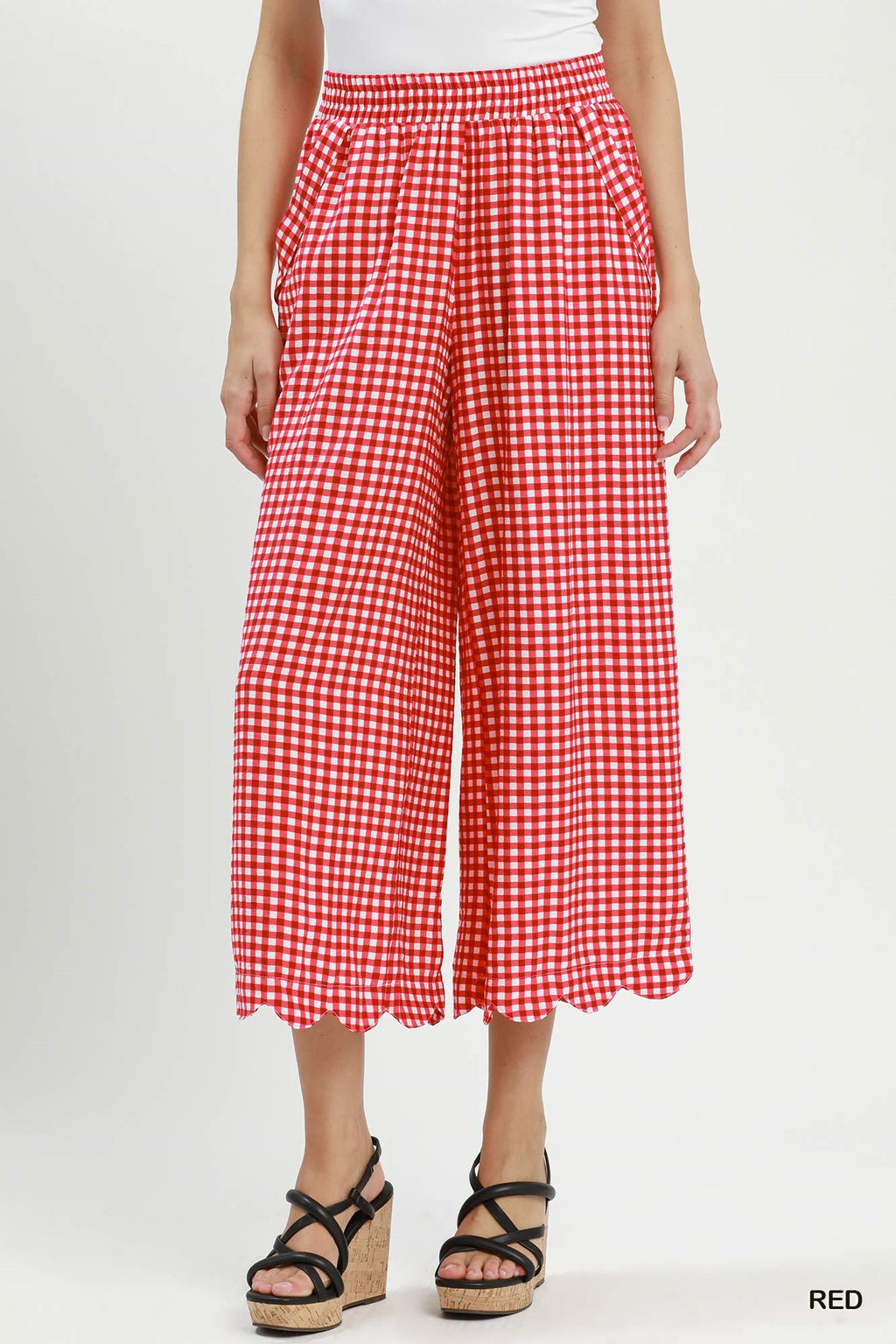 Gingham Wide Leg Scallop Hem Crop Pants: Red