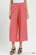 Gingham Wide Leg Scallop Hem Crop Pants: Red