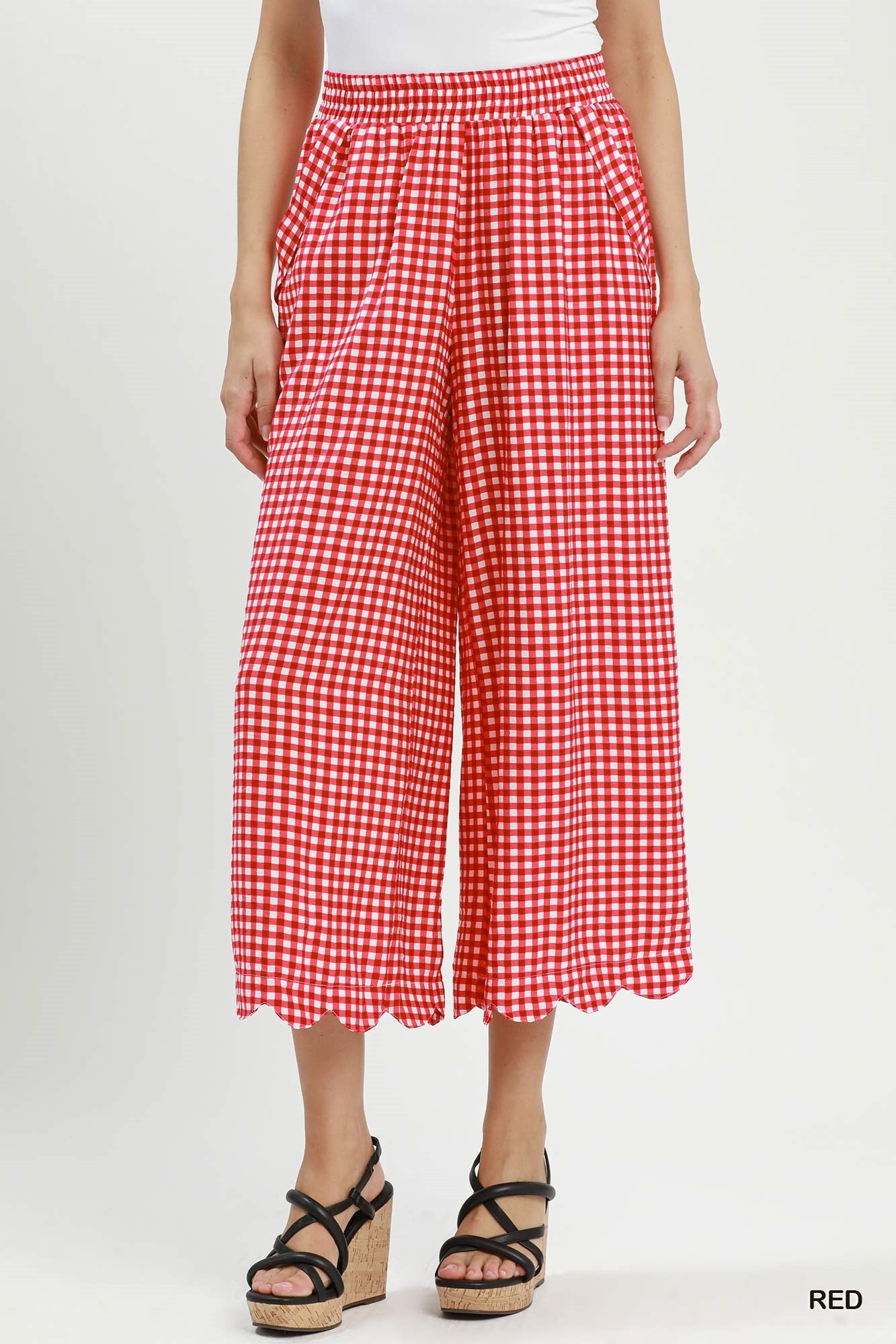 Gingham Wide Leg Scallop Hem Crop Pants: Red