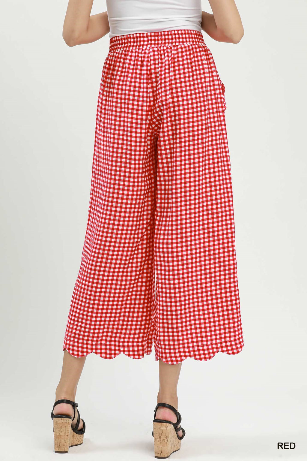 Gingham Wide Leg Scallop Hem Crop Pants: Red