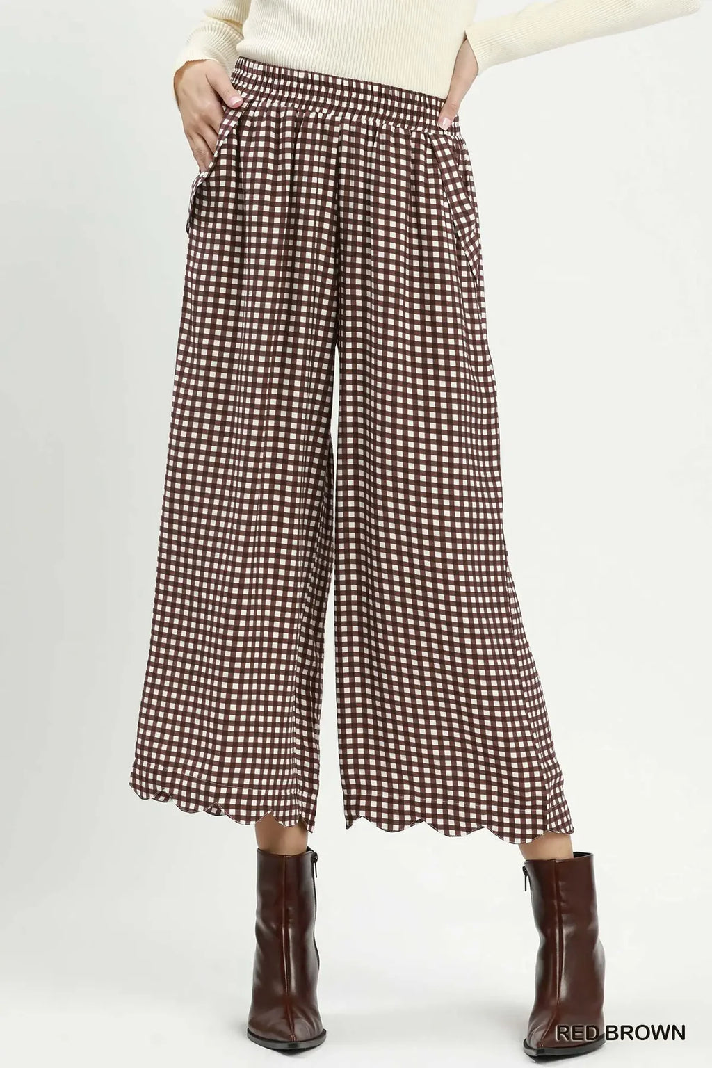 Gingham Wide Leg Scallop Hem Crop Pants: Red Brown