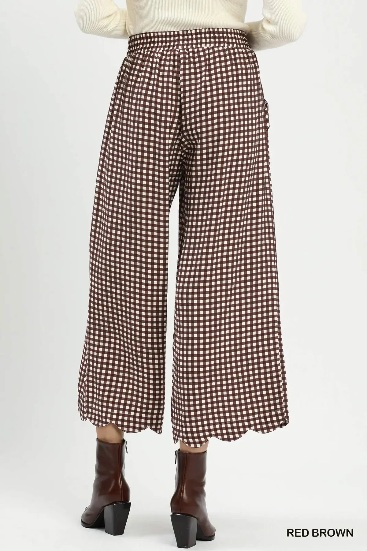 Gingham Wide Leg Scallop Hem Crop Pants: Red Brown