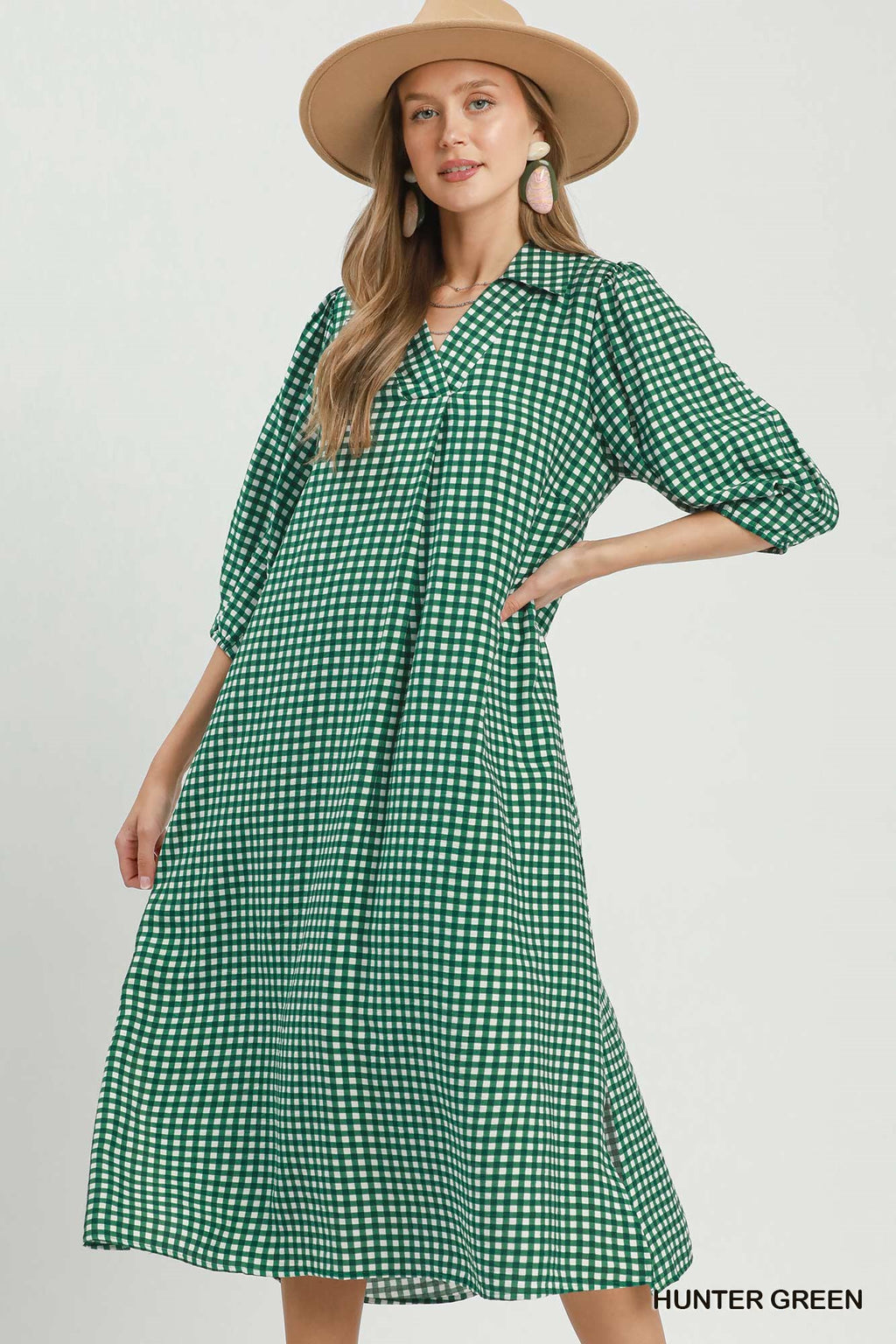 Gingham Check Collared Midi Dress: Green