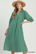 Gingham Check Collared Midi Dress: Green