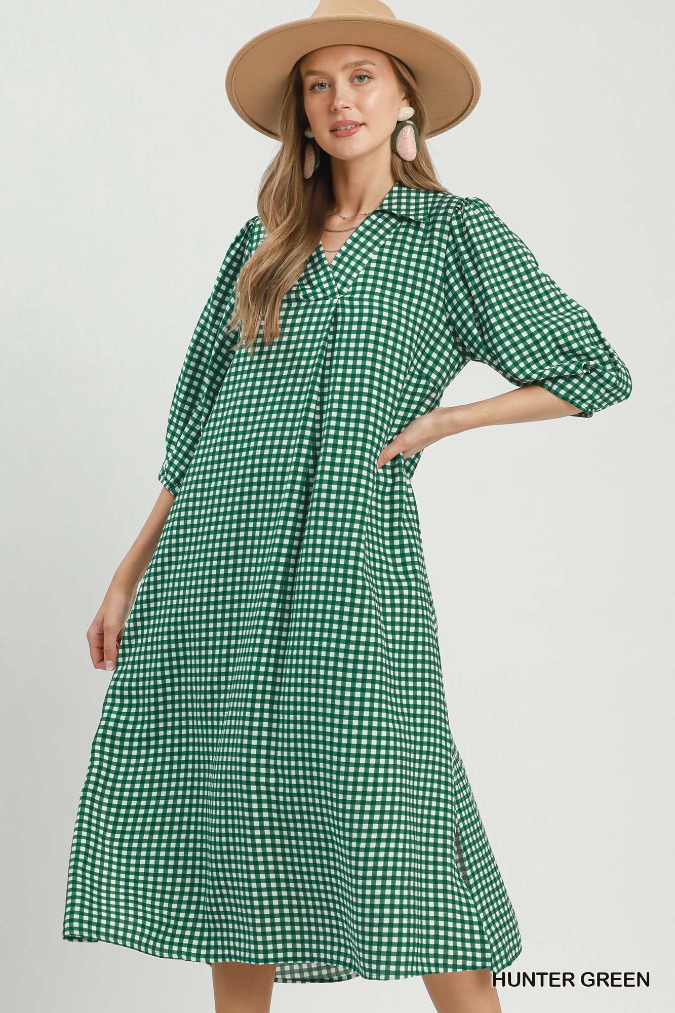 Gingham Check Collared Midi Dress: Green