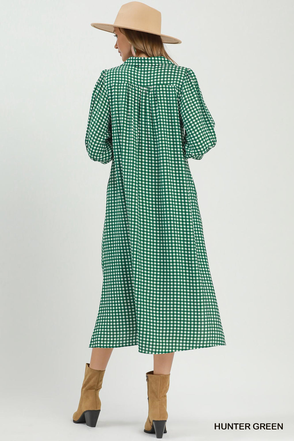 Gingham Check Collared Midi Dress: Green