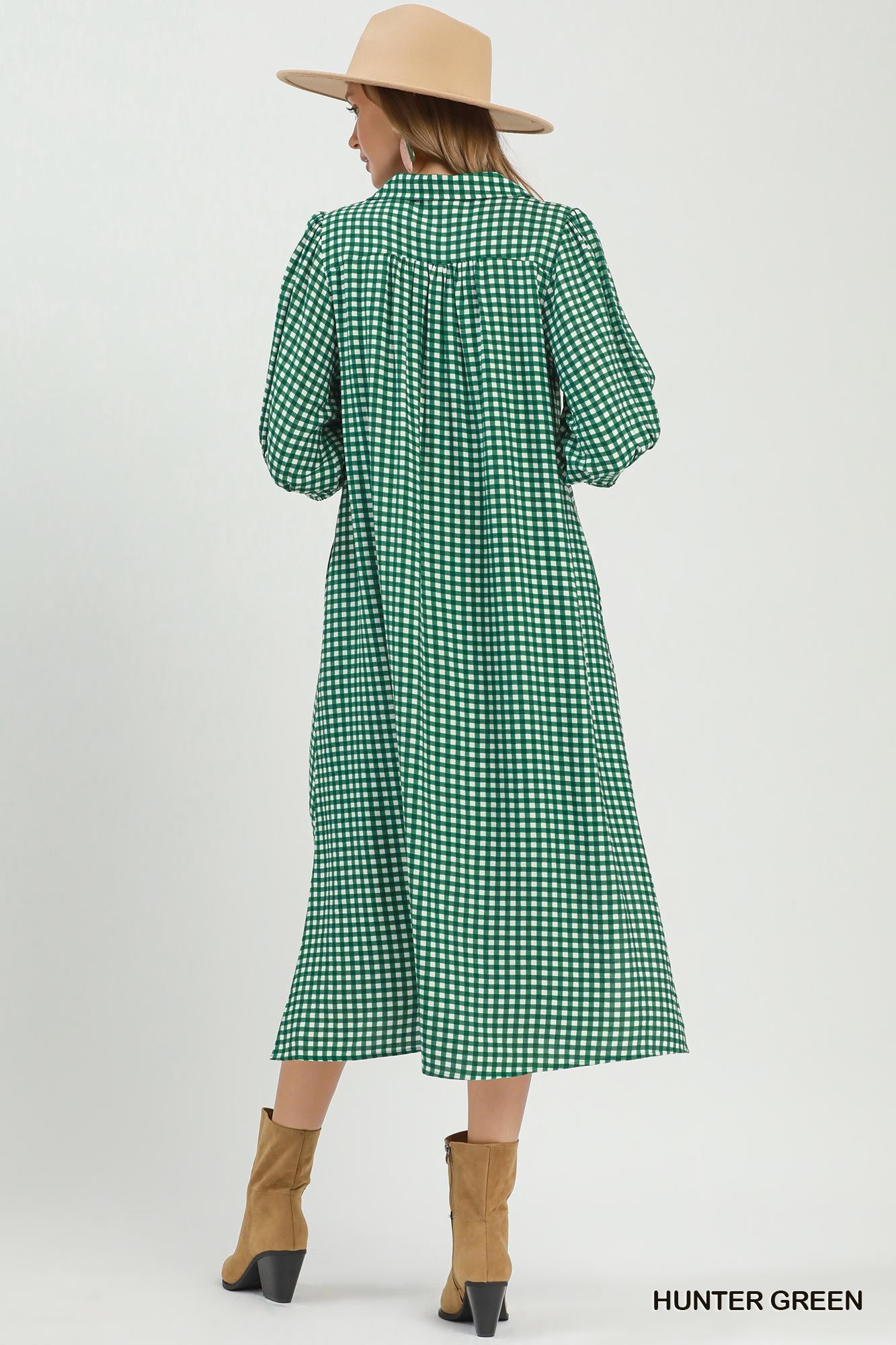 Gingham Check Collared Midi Dress: Green