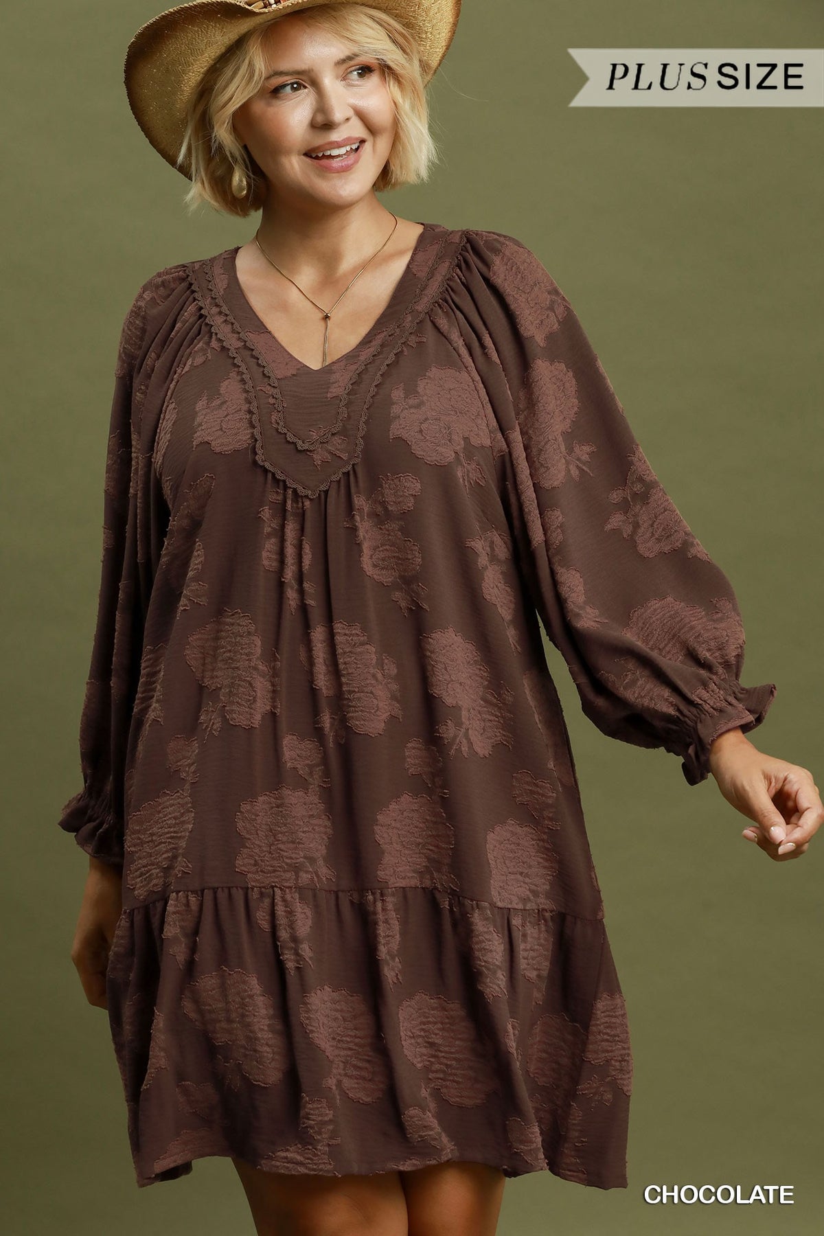 Floral Textured V-Neck Babydoll Mini Dress: chocolate