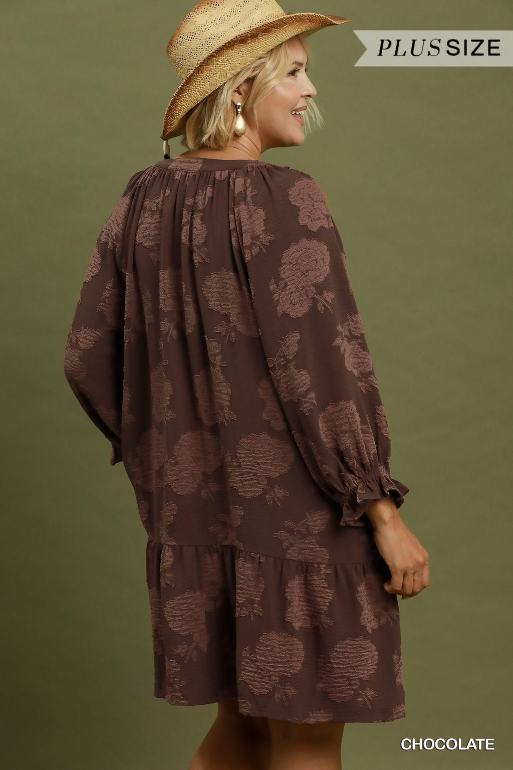 Floral Textured V-Neck Babydoll Mini Dress: chocolate
