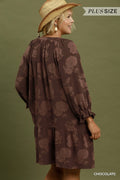 Floral Textured V-Neck Babydoll Mini Dress: chocolate
