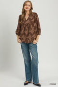 Floral Textured Scalloped V-Neck Babydoll Blouse: Cocoa