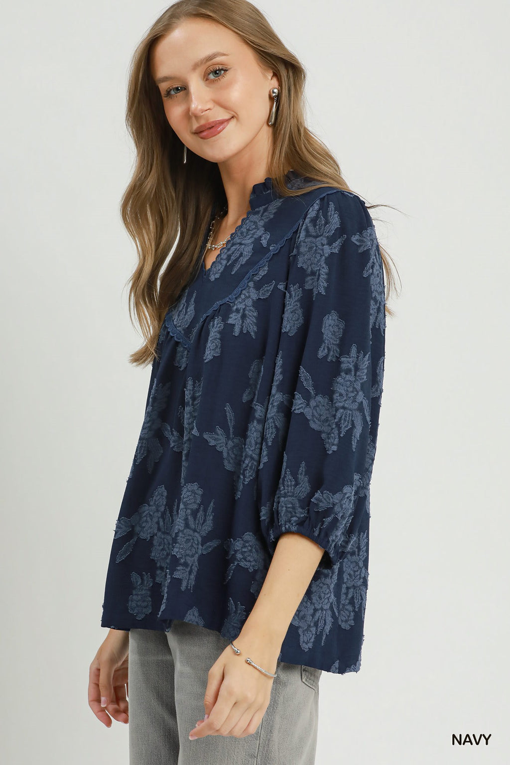 Floral Textured Scalloped V-Neck Babydoll Blouse: Navy