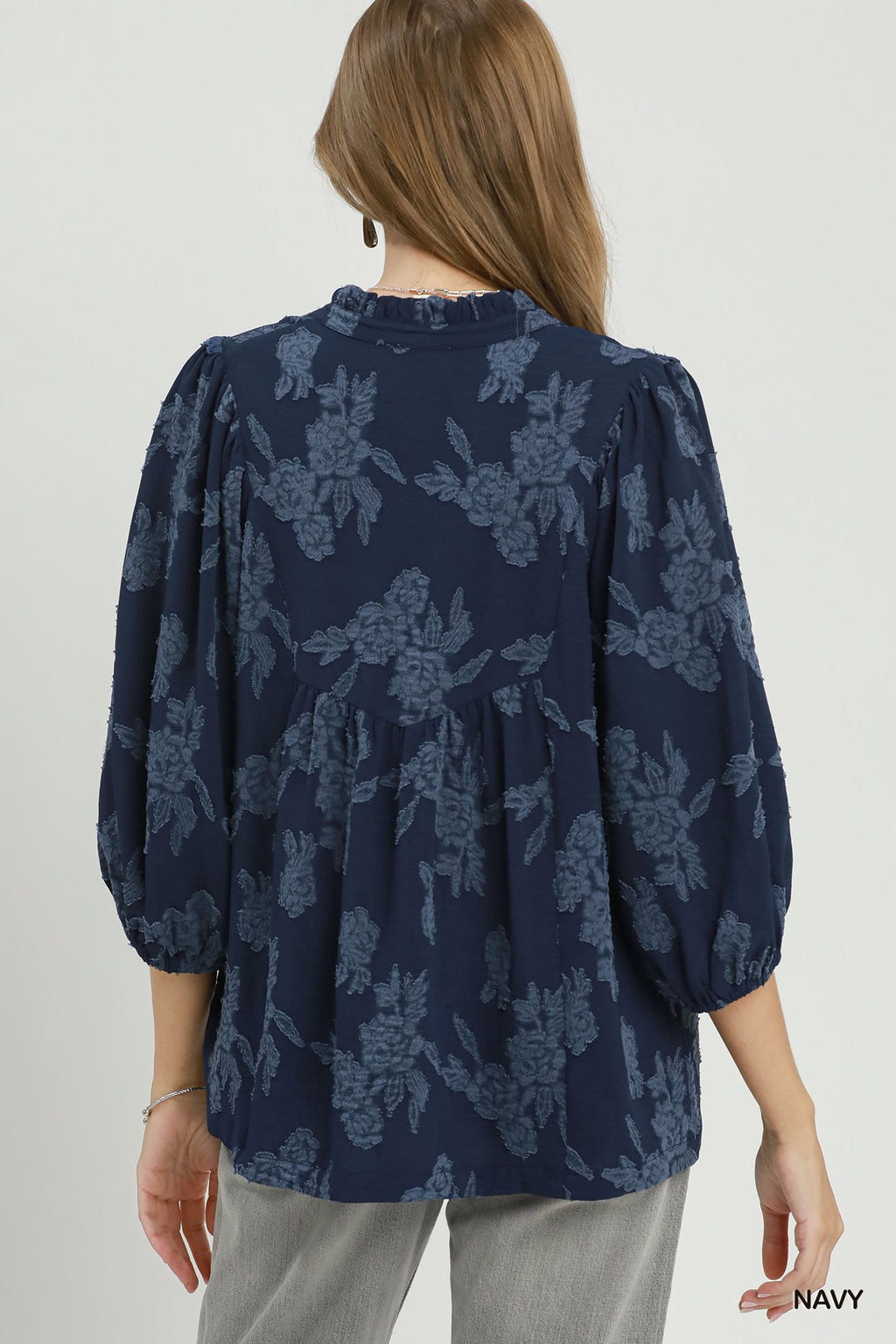 Floral Textured Scalloped V-Neck Babydoll Blouse: Navy