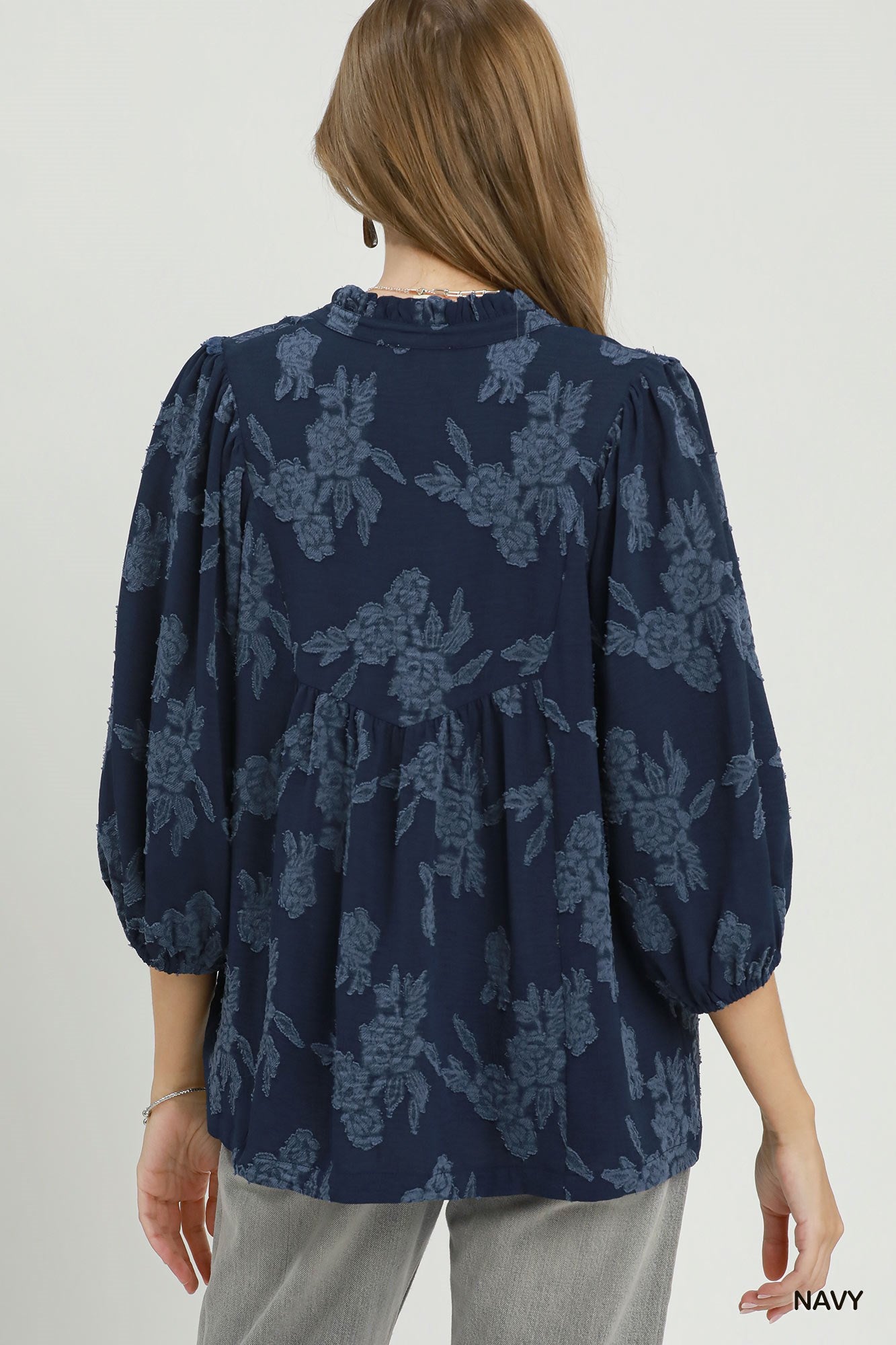 Floral Textured Scalloped V-Neck Babydoll Blouse: Navy