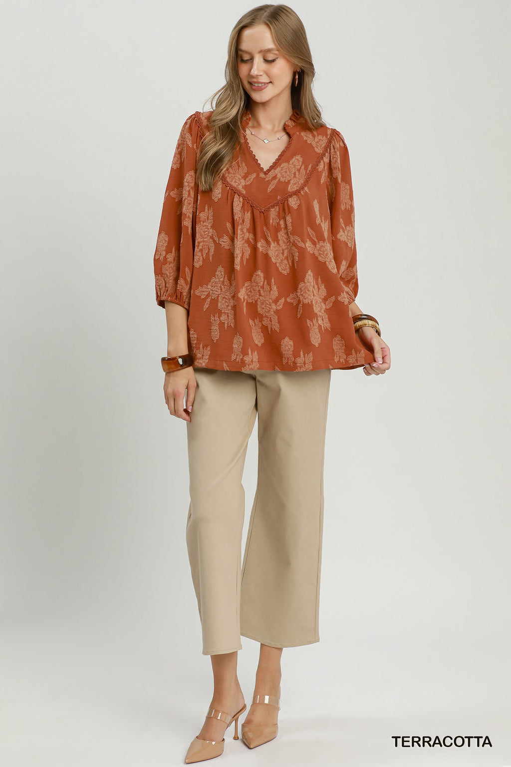 Floral Textured Scalloped V-Neck Babydoll Blouse: Terracotta