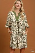 Floral Paisley Split Neck Mini Dress: Ecru