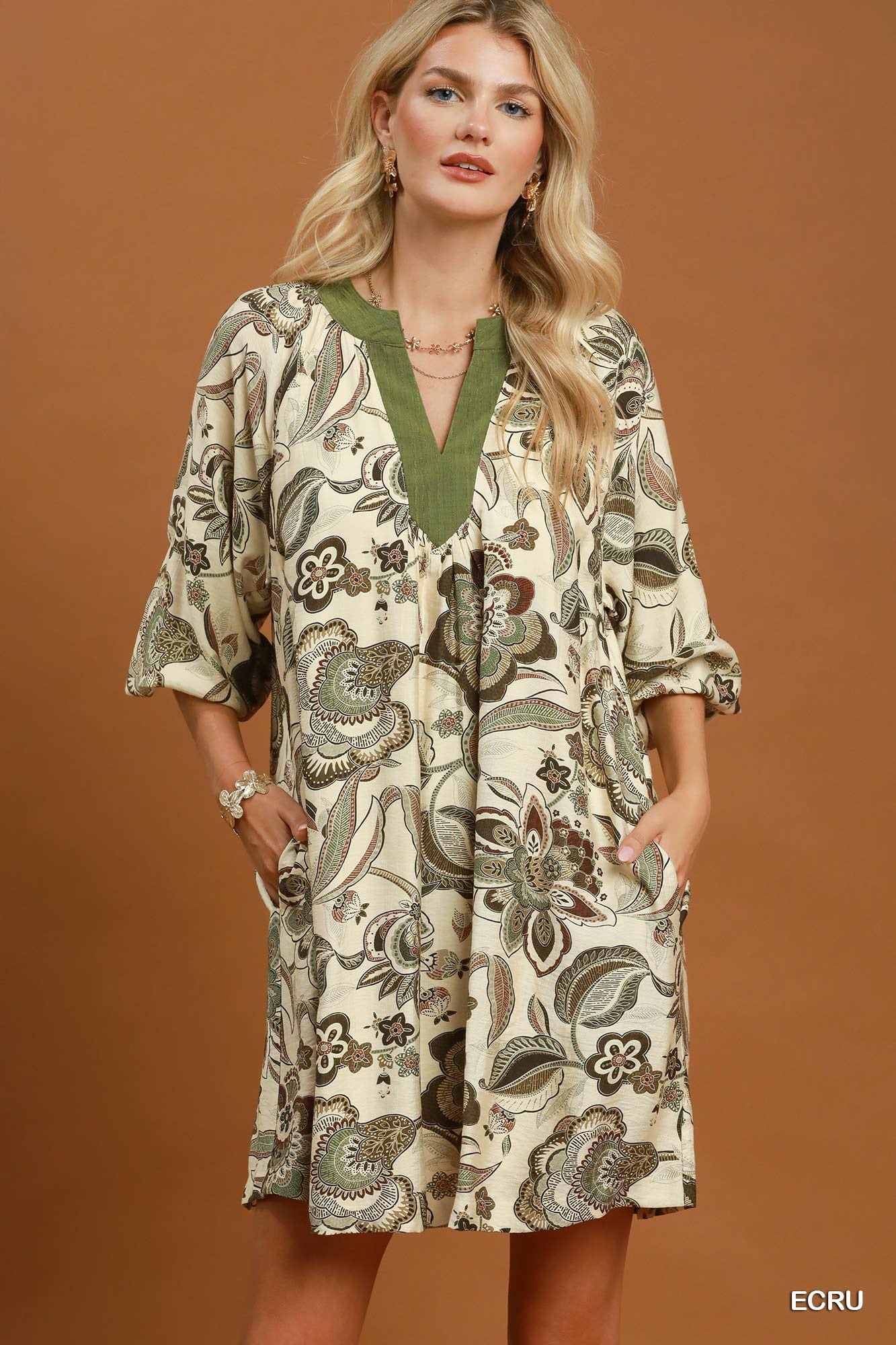 Floral Paisley Split Neck Mini Dress: Ecru