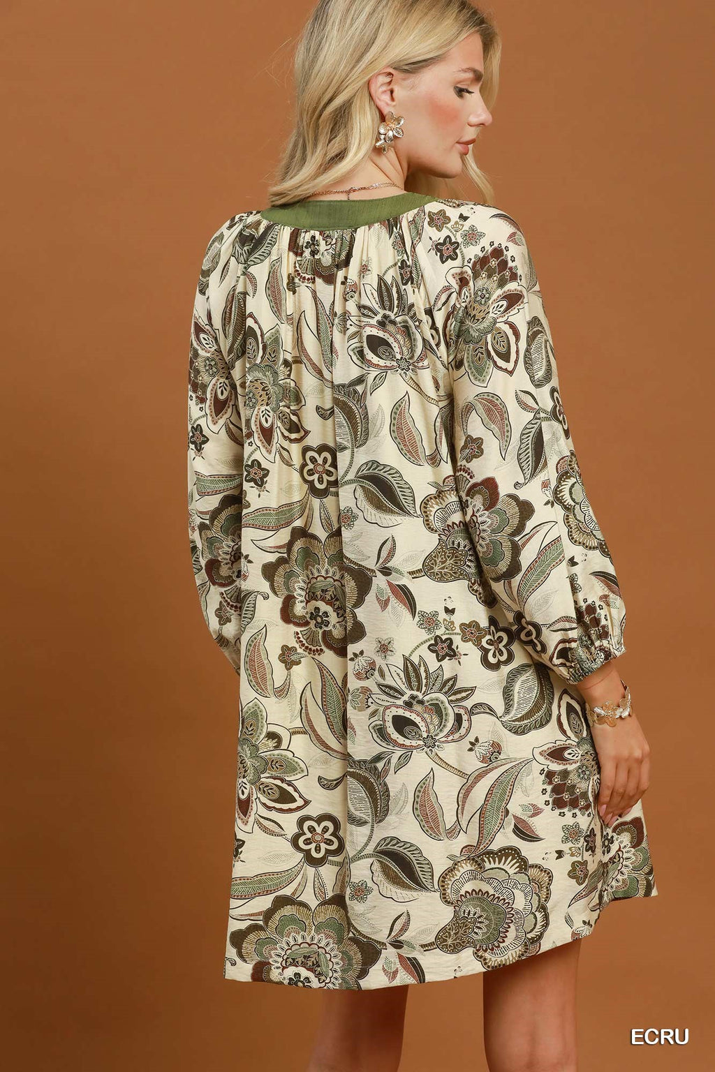 Floral Paisley Split Neck Mini Dress: Ecru