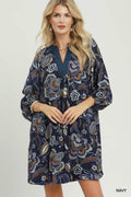 Floral Paisley Split Neck Mini Dress: Navy