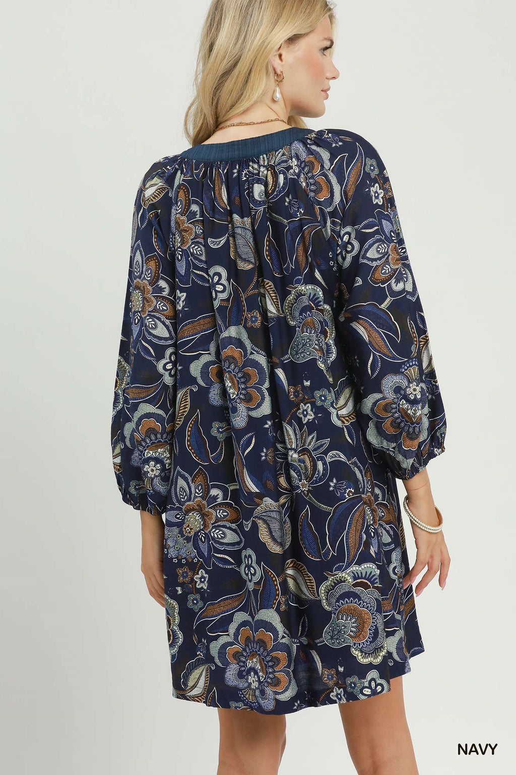 Floral Paisley Split Neck Mini Dress: Navy