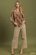 Paisley Print Lace Trim Babydoll Blouse