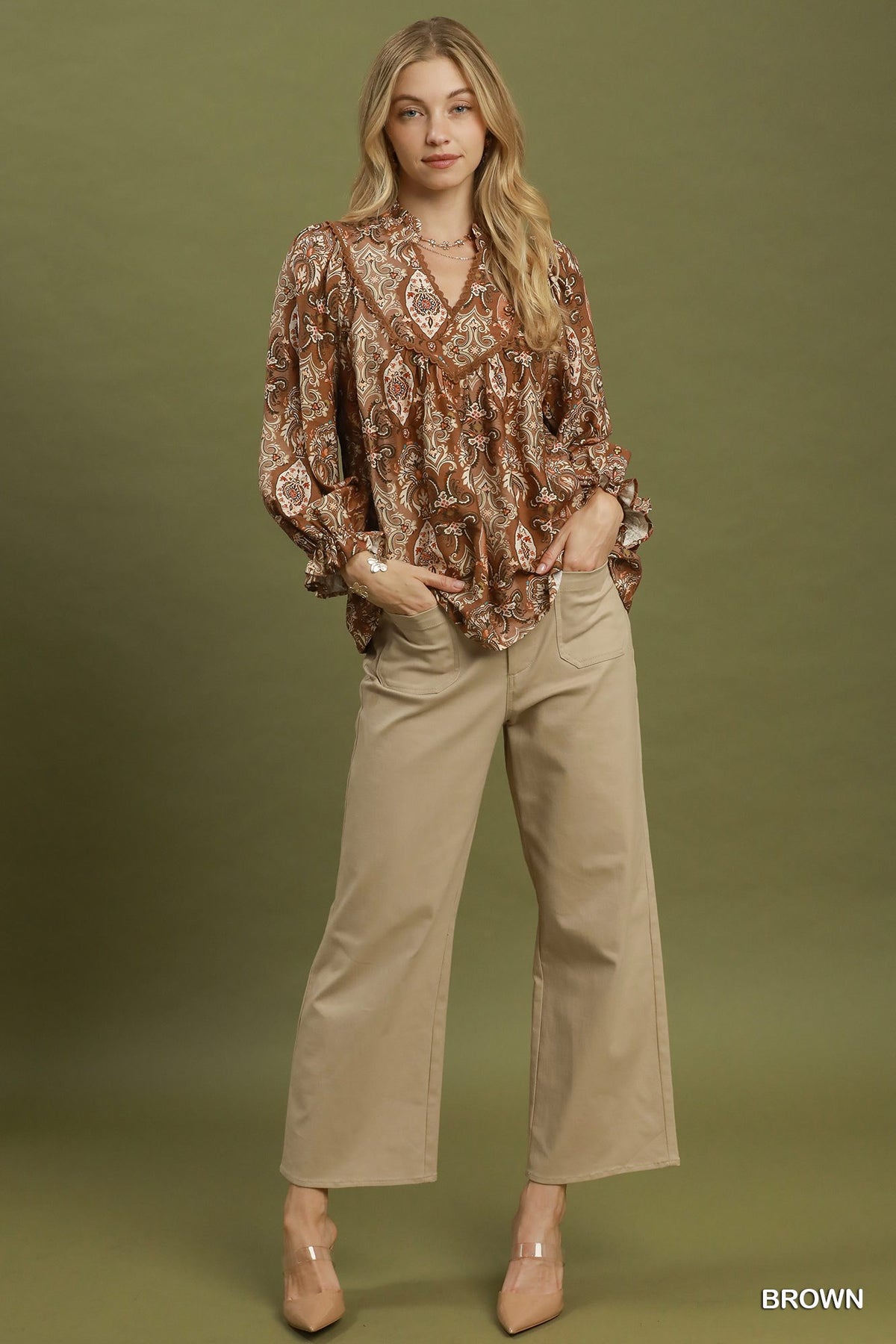 Paisley Print Lace Trim Babydoll Blouse