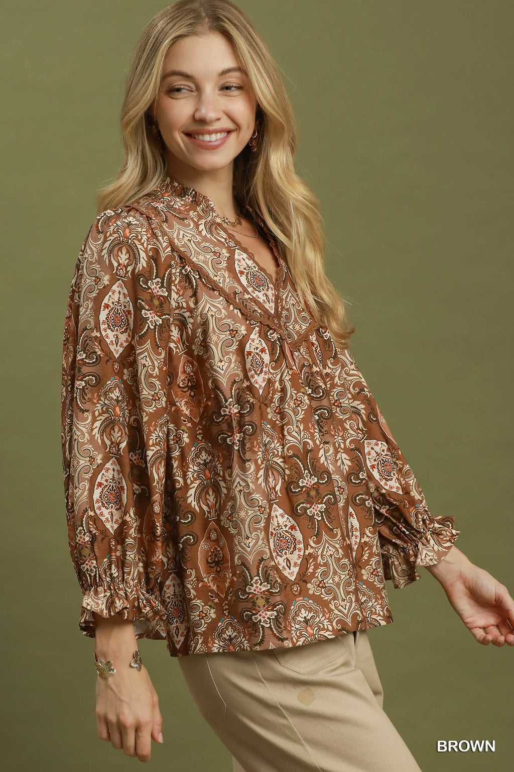 Paisley Print Lace Trim Babydoll Blouse