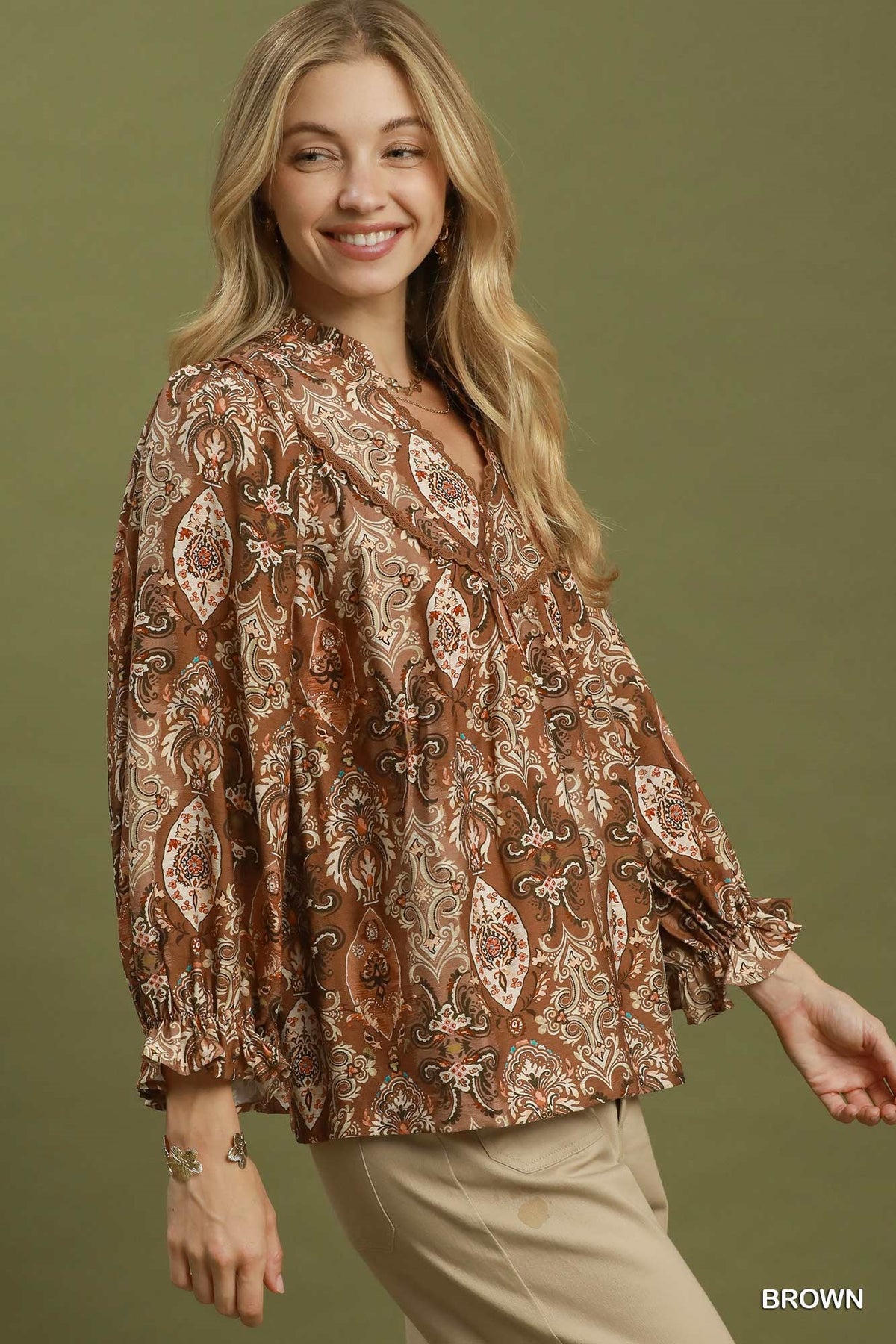Paisley Print Lace Trim Babydoll Blouse