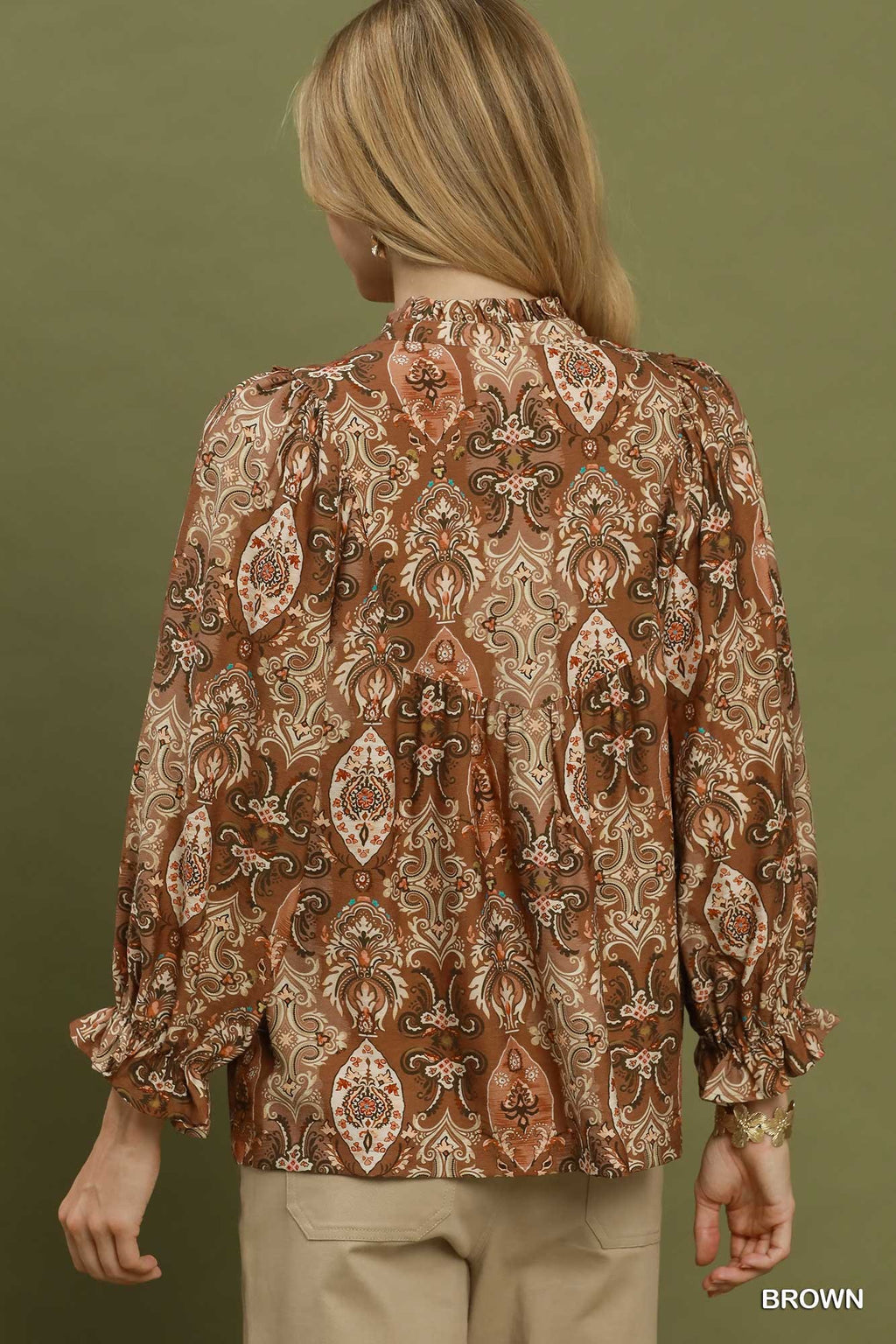 Paisley Print Lace Trim Babydoll Blouse