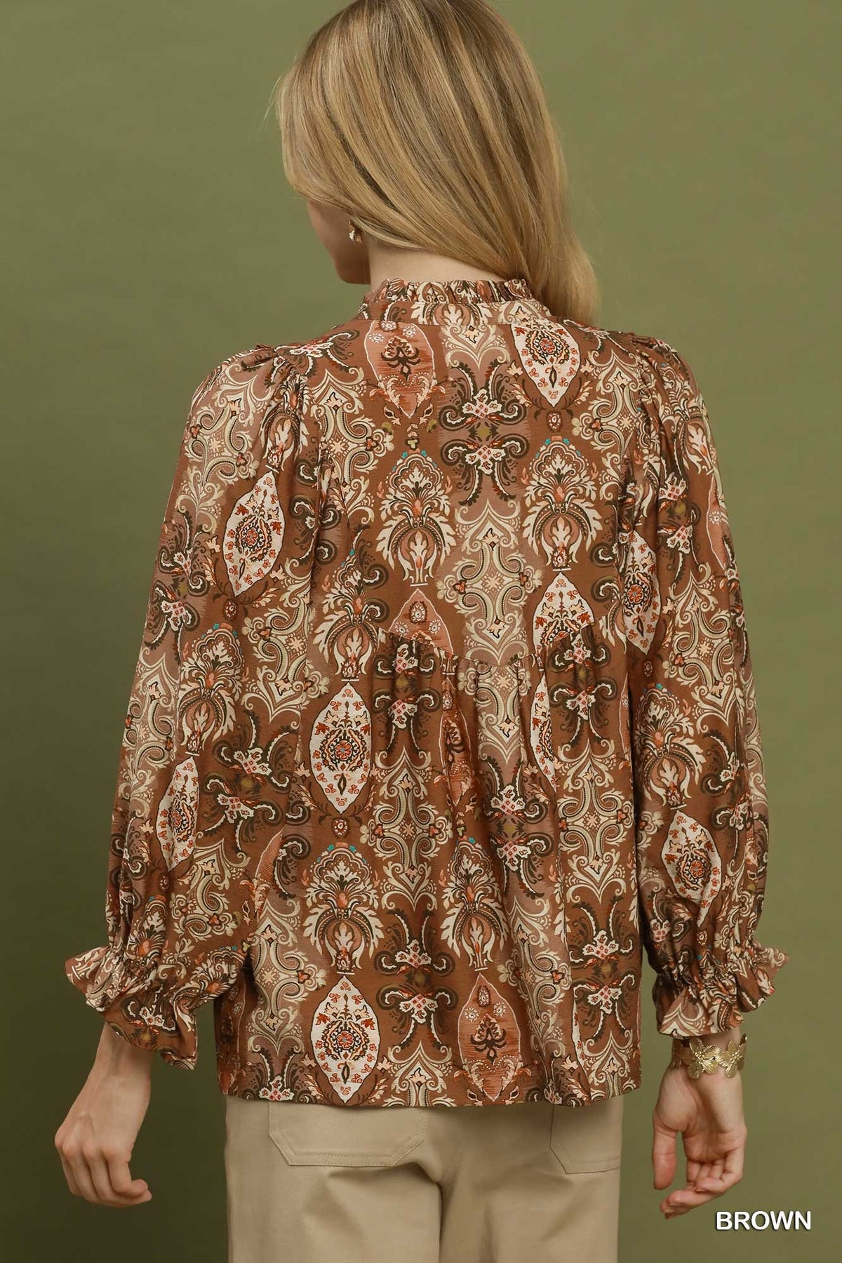 Paisley Print Lace Trim Babydoll Blouse