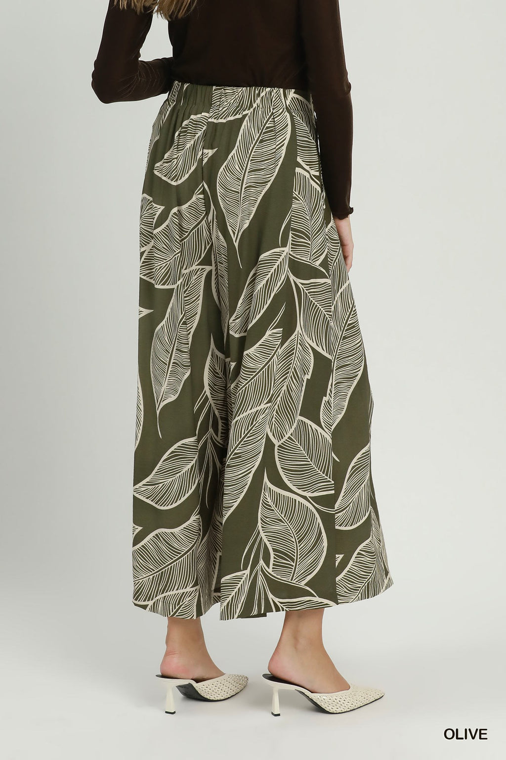 Tropical Leaf Print Wide Leg Pants