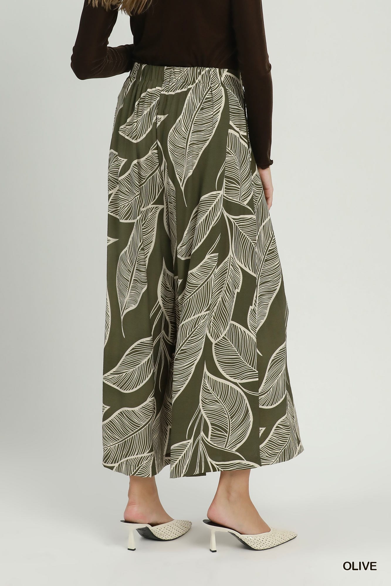 Tropical Leaf Print Wide Leg Pants