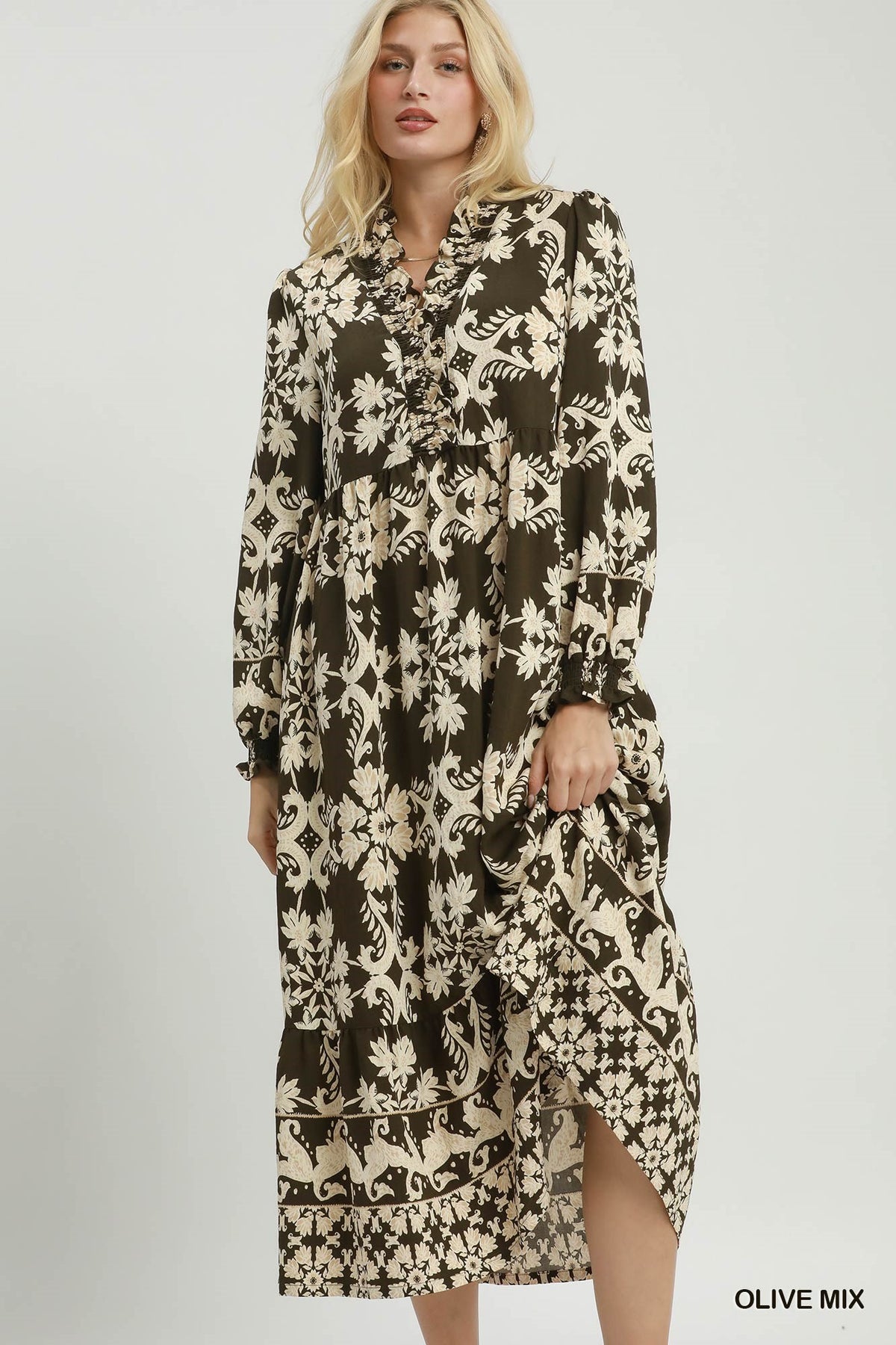 Mix Border Print Ruffle Maxi Dress