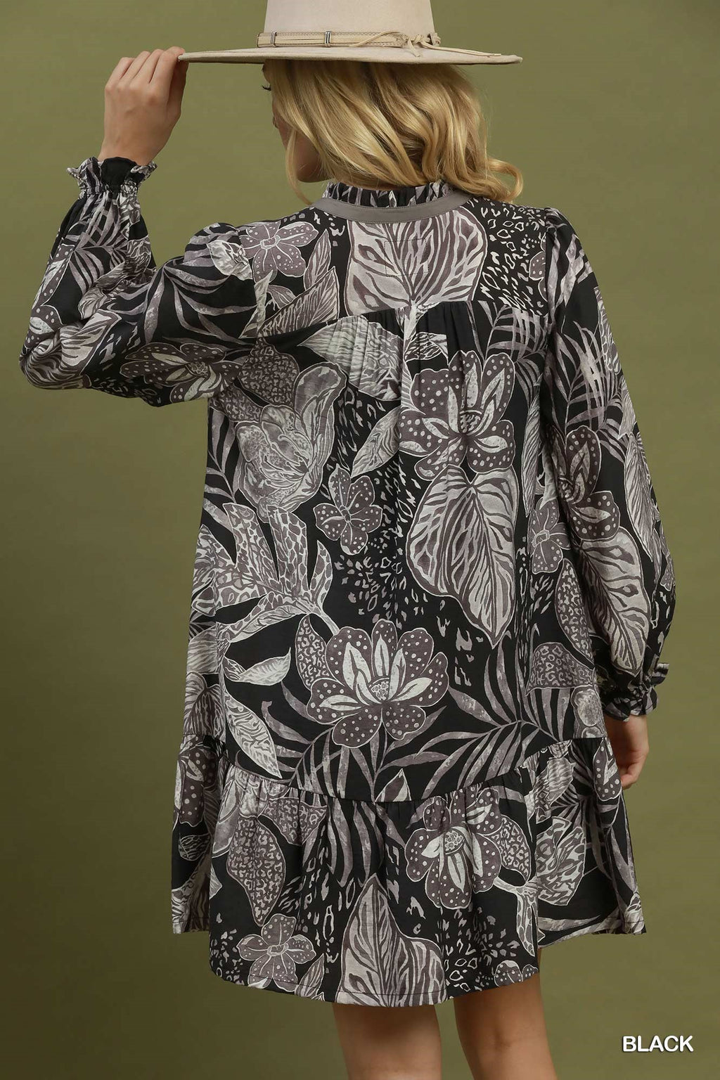 Botanical Floral Print Ruffle Hem Dress