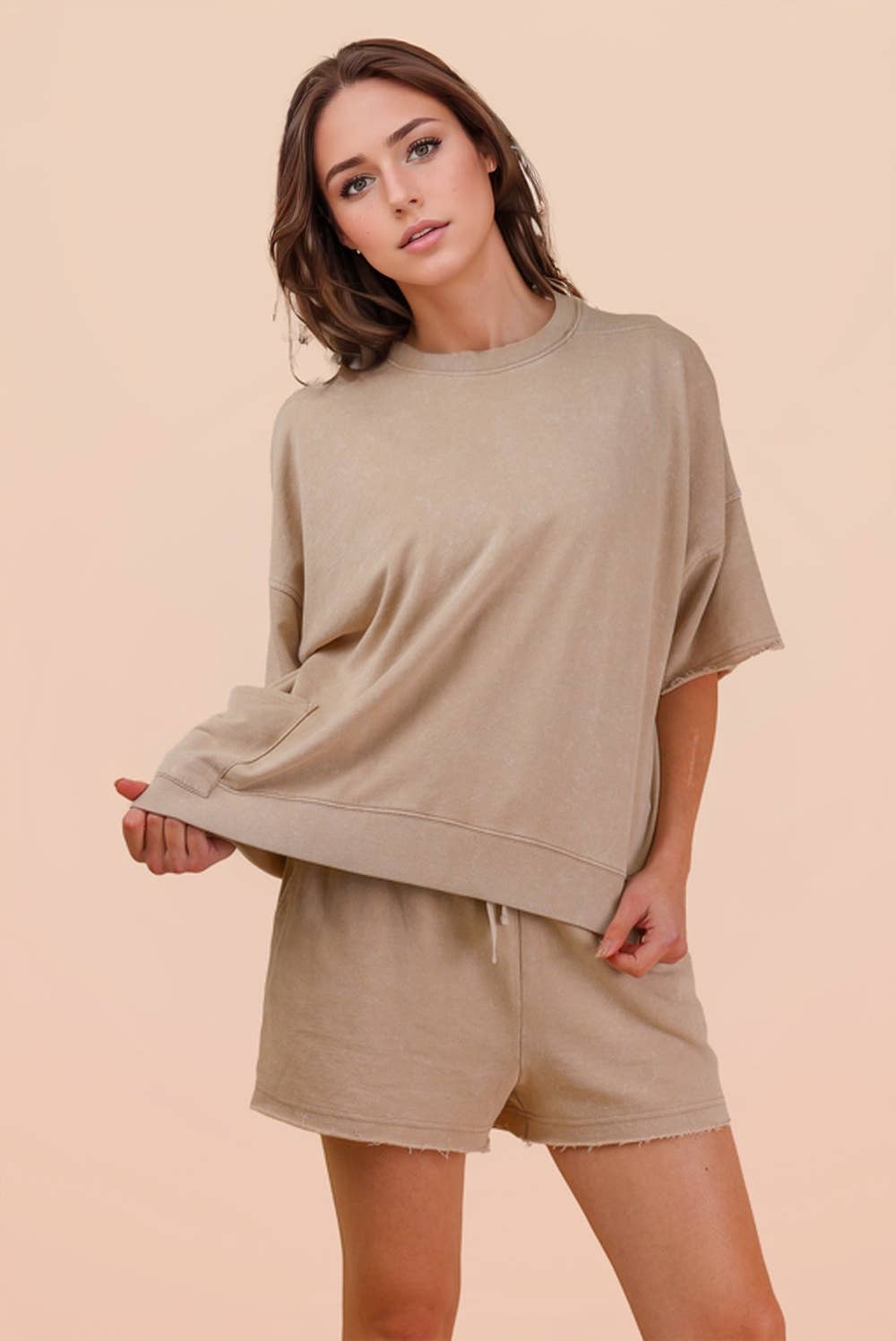 NEW IN — Mineral Washed Knit Casual Top & Shorts Set: Beige