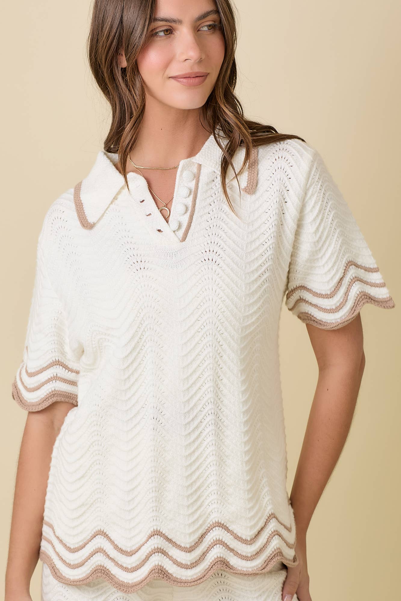 Crochet Wavy Collar Sweater Knit Top: WHITE/TAUPE