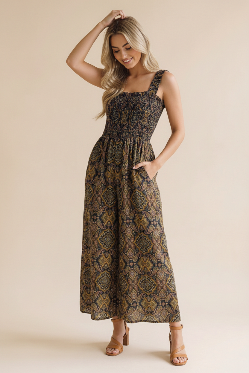 Frilled Paisley Smocking Wide Leg Jumpsuit