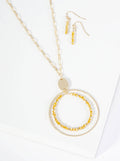 Glass Beaded Double Circle Pendant 30 Inch Long Necklace Set With Earrings: Mustard