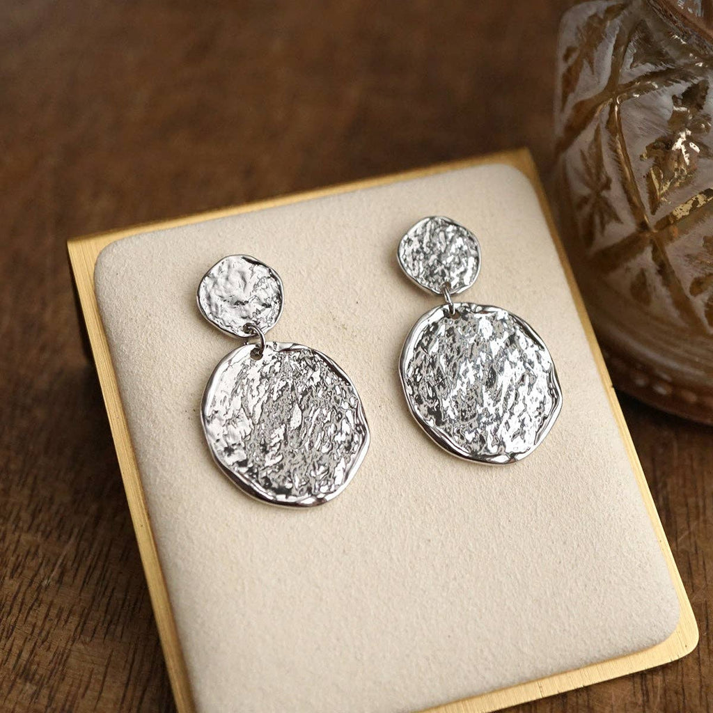 Golden Muse – Two Disc Textured Earrings: Silver Tone