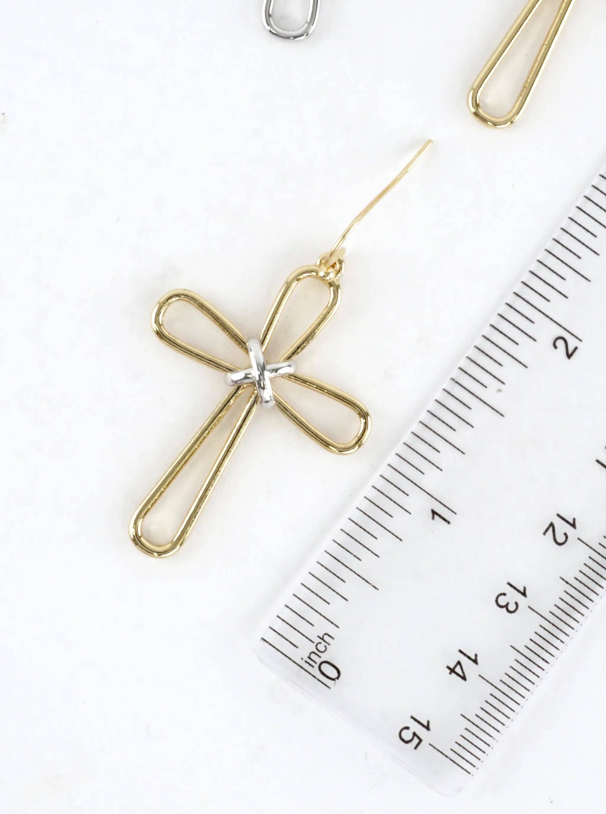 Modern Open Cross Wire Drop Earrings: Gold Rhodium