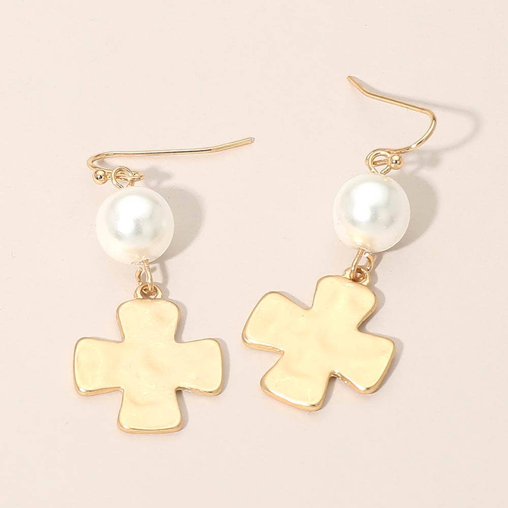 Matte Hammered Metal Cross Pearl Link Drop Earrings: Gold