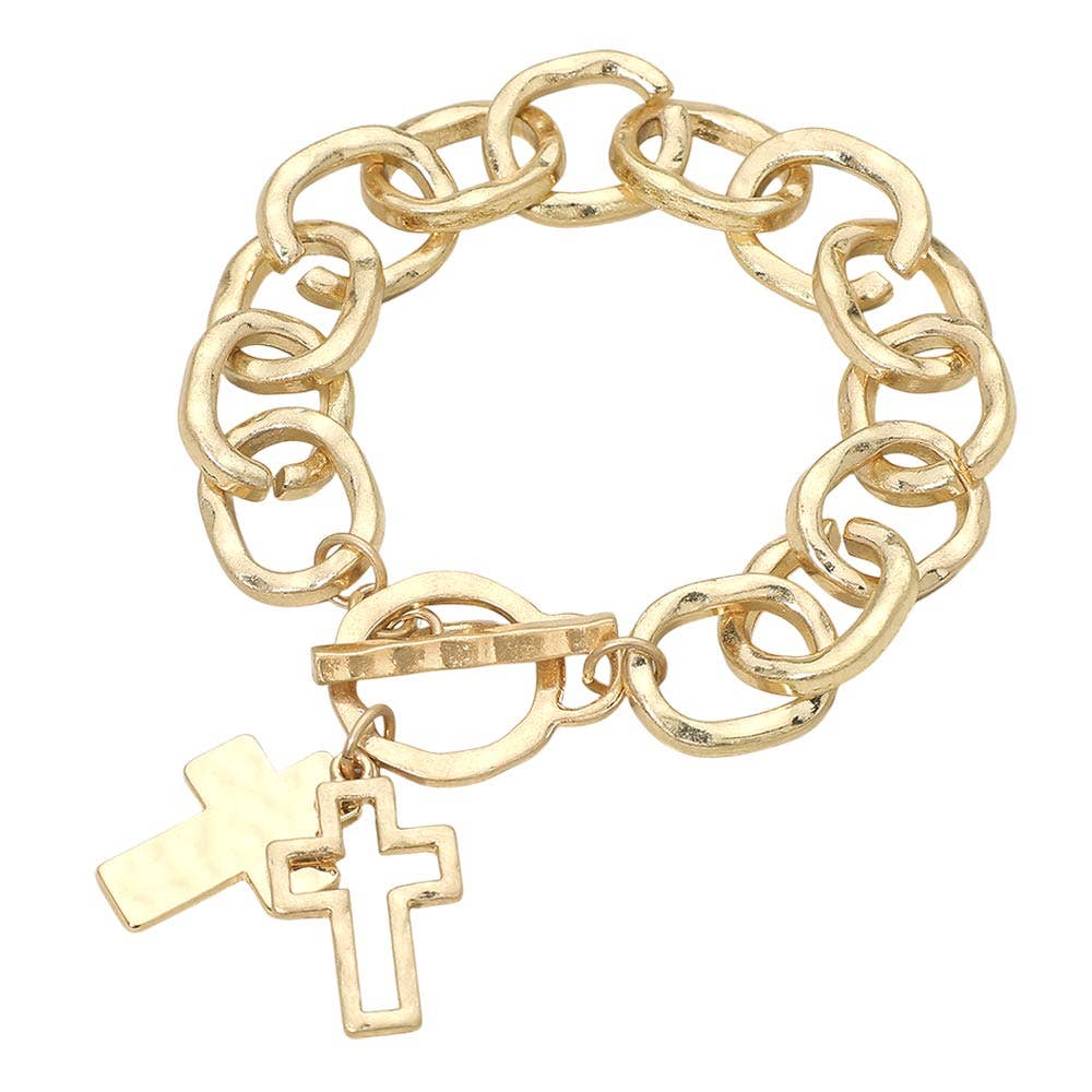 Hammered Layered Cross Charm Chunky Chain Toggle Bracelet: Gold,Worn Gold