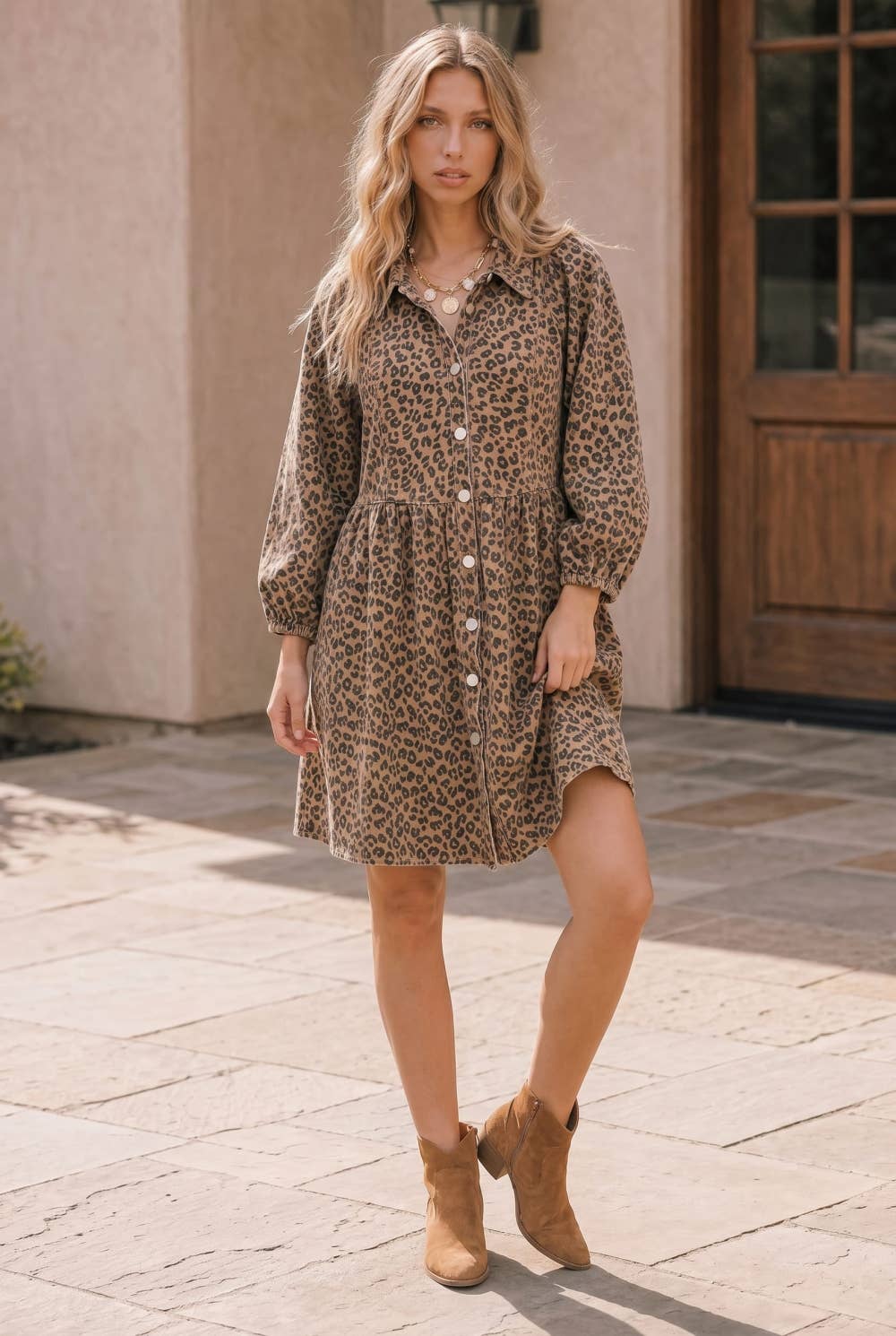 Taupe Leopard denim Button Front Mini Dress