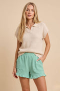 CABLE KNIT SHORT SLEEVE V NECK COLLARD SWEATER TOP: Beige