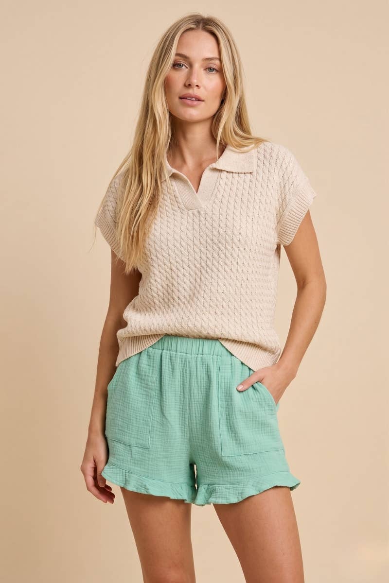 CABLE KNIT SHORT SLEEVE V NECK COLLARD SWEATER TOP: Beige