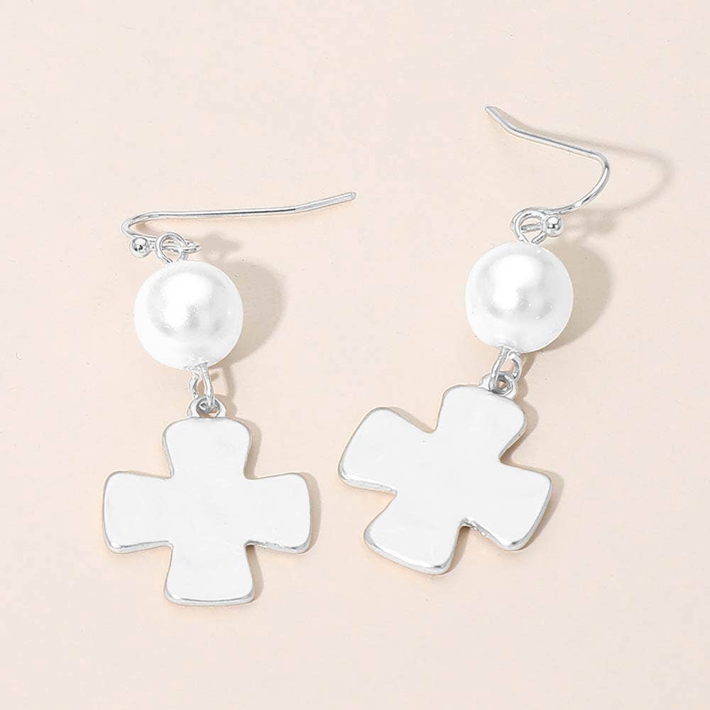 Matte Hammered Metal Cross Pearl Link Drop Earrings: Silver